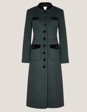 Viv Velvet Trim Military Coat, Green (GREEN), large