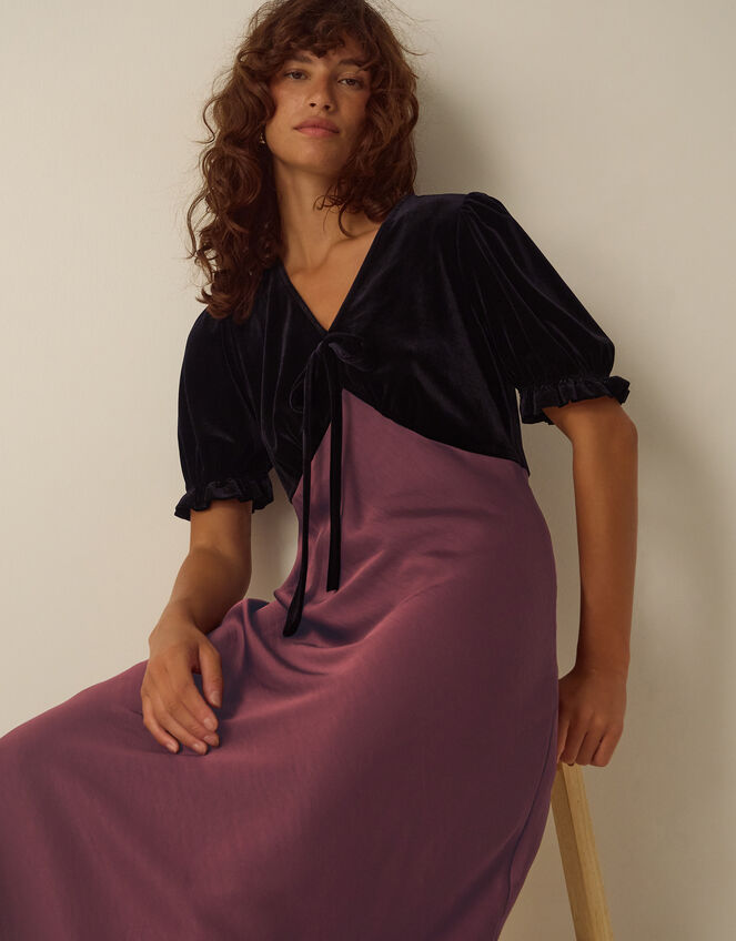 Fiona Puff Sleeve Velvet Satin Midi Dress, Red (WINE), large