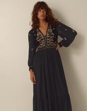 Ella Floral Embellished Velvet Maxi Dress, Black (BLACK), large