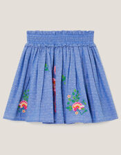 Flamingo Embellished Chambray Skirt, Blue (BLUE), large