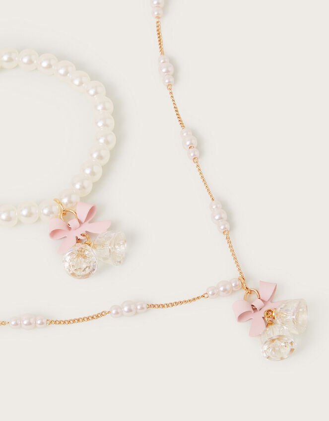Belle Bow Pendant Pearl Necklace and Bracelet Set, , large