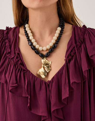 Layered Bead Floral Pendant Necklace, , large