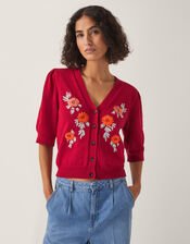Ellen Short Sleeve Floral Embroidered Cardigan, Red (RED), large