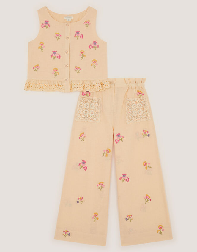 Cassia Floral Embroidered Top & Trousers Set, Cream (CREAM), large