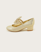 Pleated Bow Heeled Shoes, Gold (GOLD), large