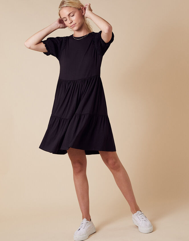Woven Sleeve Jersey Smock Dress with LENZING™ ECOVERO™, Black (BLACK), large