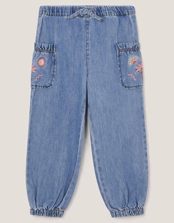 Embroidered Denim Cargo Joggers, Blue (BLUE), large