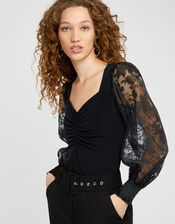 Amina Floral Organza Sleeve Top, Black (BLACK), large