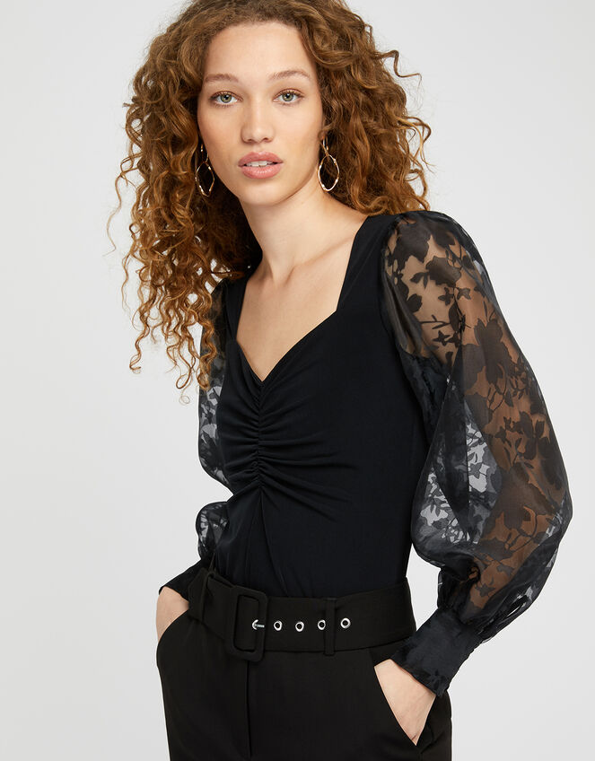 Amina Floral Organza Sleeve Top, Black (BLACK), large