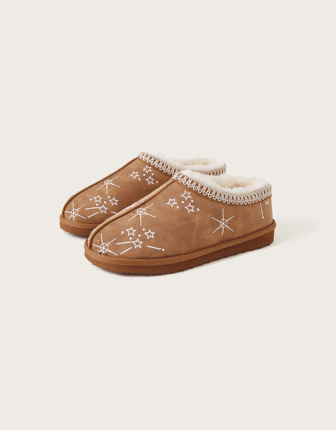 Embroidered Mule Slippers, Brown (BROWN), large