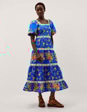 Mona Puff Sleeve Floral Midi Dress, Blue (COBALT), large