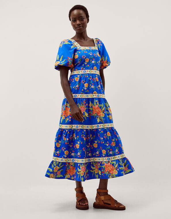 Mona Puff Sleeve Floral Midi Dress, Blue (COBALT), large