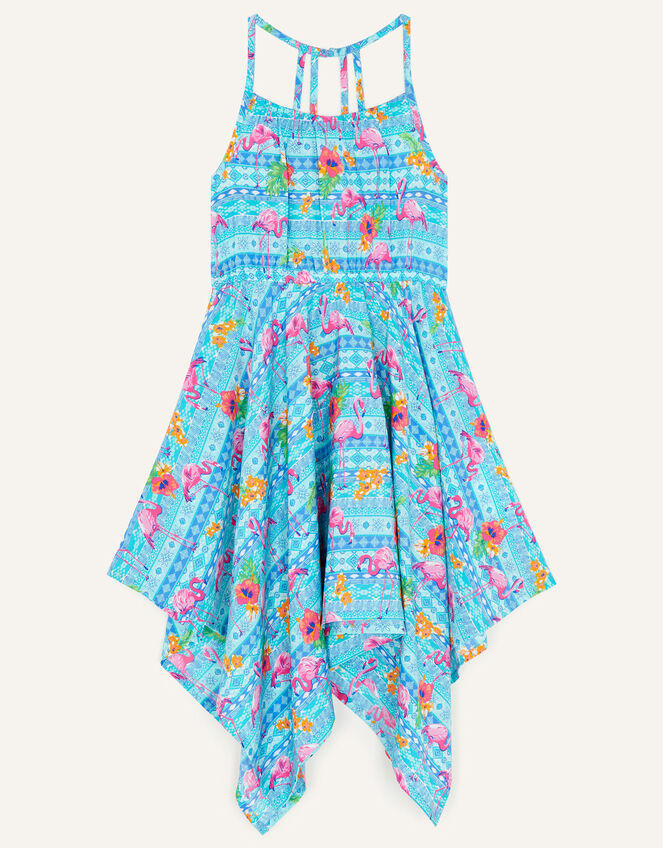 Flamingo Print Strappy Dress, Blue (TURQUOISE), large
