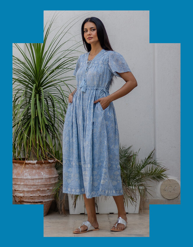 Dilli Grey Fifi Floral Print Shimmer Midi Dress, Blue (BLUE), large