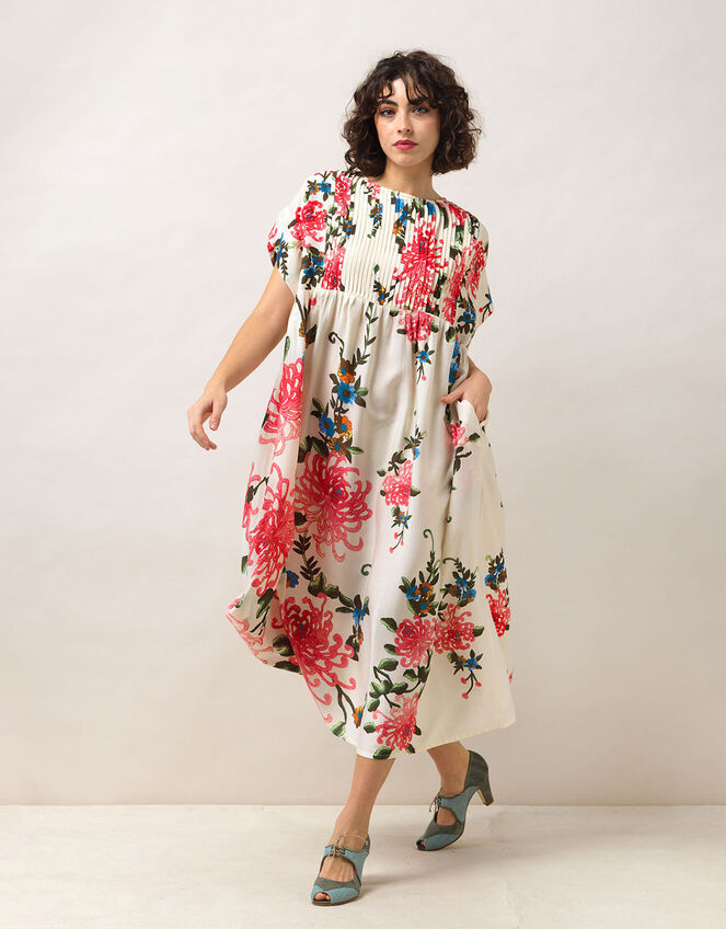 One Hundred Stars Pleat Floral Dress, Ivory (IVORY), large