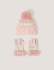 Faux Fur Butterfly Hat & Gloves Set, Multi (MULTI), large
