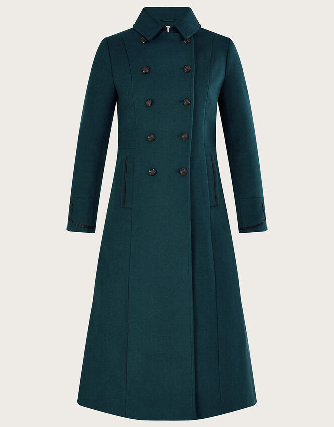 Minnie Military Long Coat in Wool Blend, Teal (TEAL), large