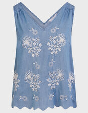 Embroidered Denim Tank Top, Blue (DENIM BLUE), large