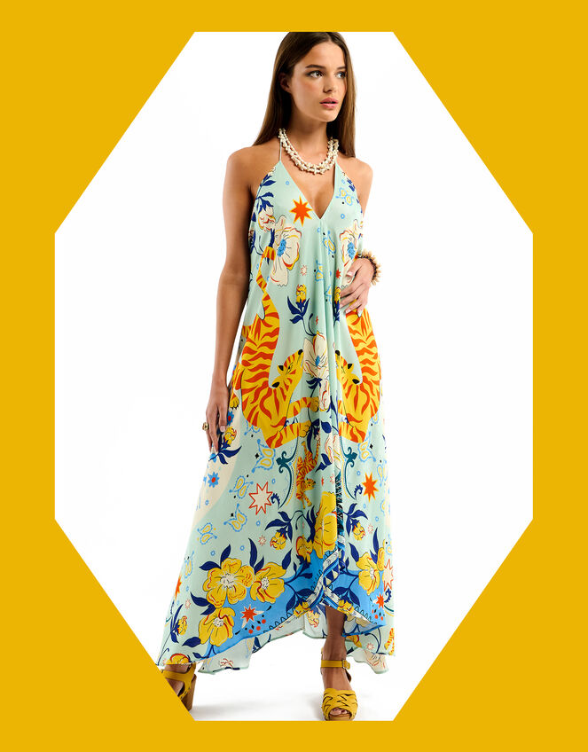 Wild Voila Tiger Print Backless Midi Dress , Blue (BLUE), large