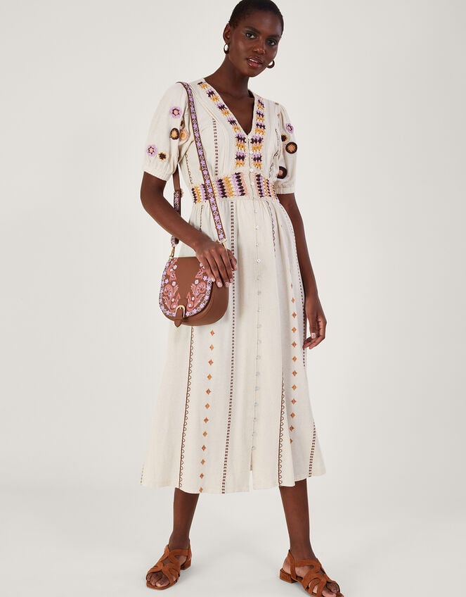 Crochet Trim Midi Dress in Linen Blend, Natural (NATURAL), large