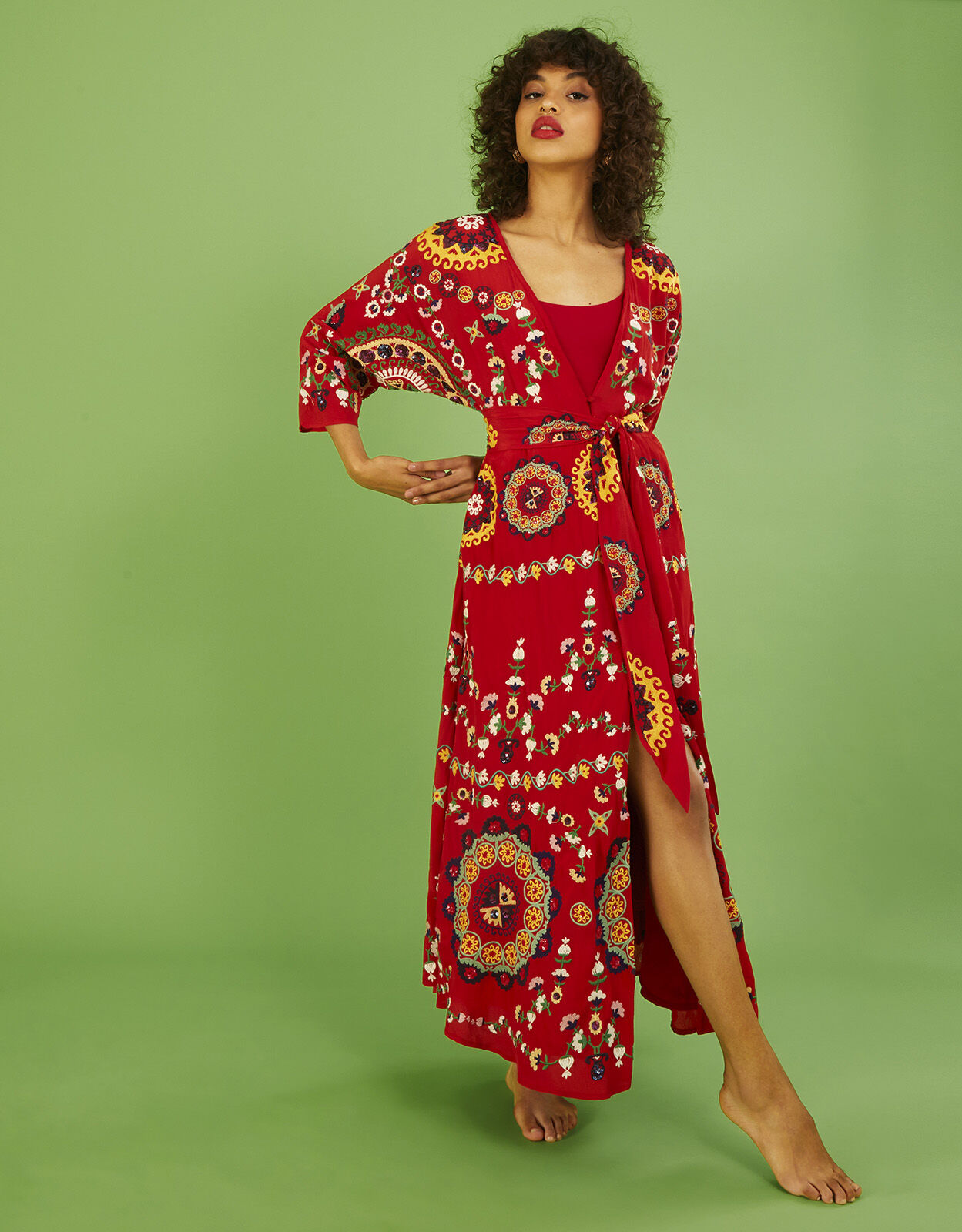Jennifer Hand Embellished Kimono Dress Red