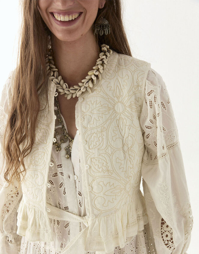 Maison Hotel Sandro Quilted Frill Waistcoat, Ivory (IVORY), large
