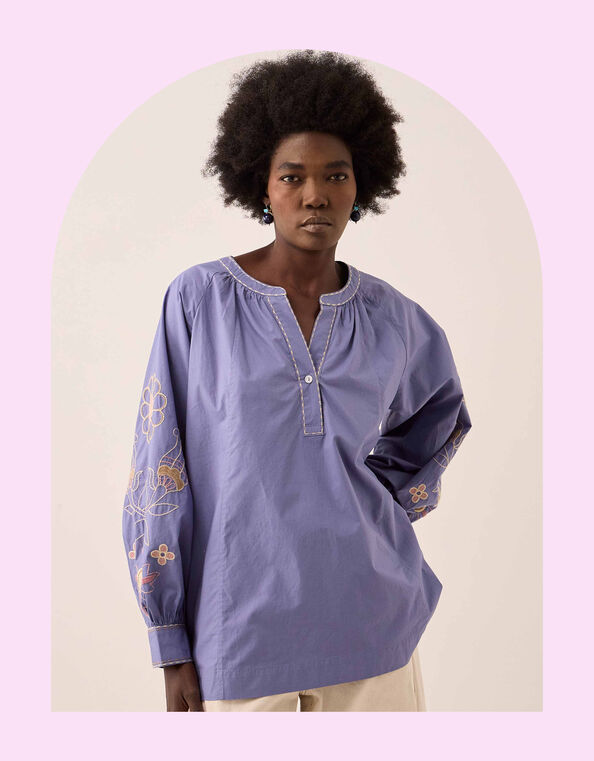 East Anyar Embroidered Cotton Blouse , Blue (BLUE), large