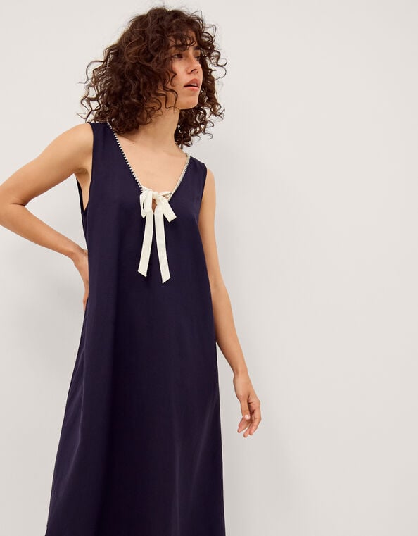 Gigi Bow Linen Blend Midi Dress, Blue (NAVY), large