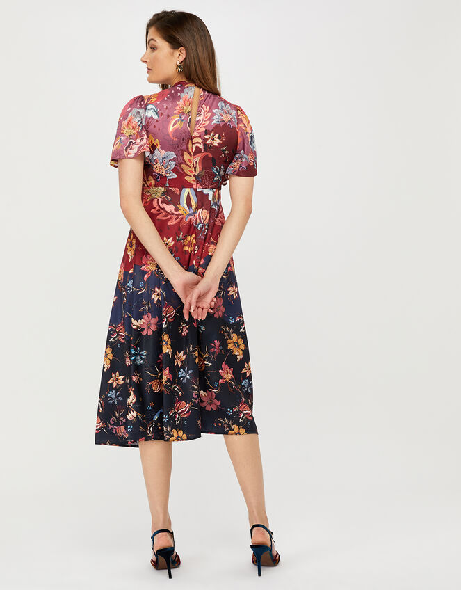 Laura Printed Satin Midi Tea Dress, Blue (NAVY), large