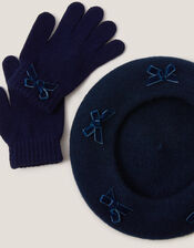 Bow Wool Beret & Gloves Set, Blue (NAVY), large