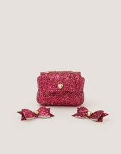 Glitter Bow Bag & Hair Clips Set, Red (CHERRY), large