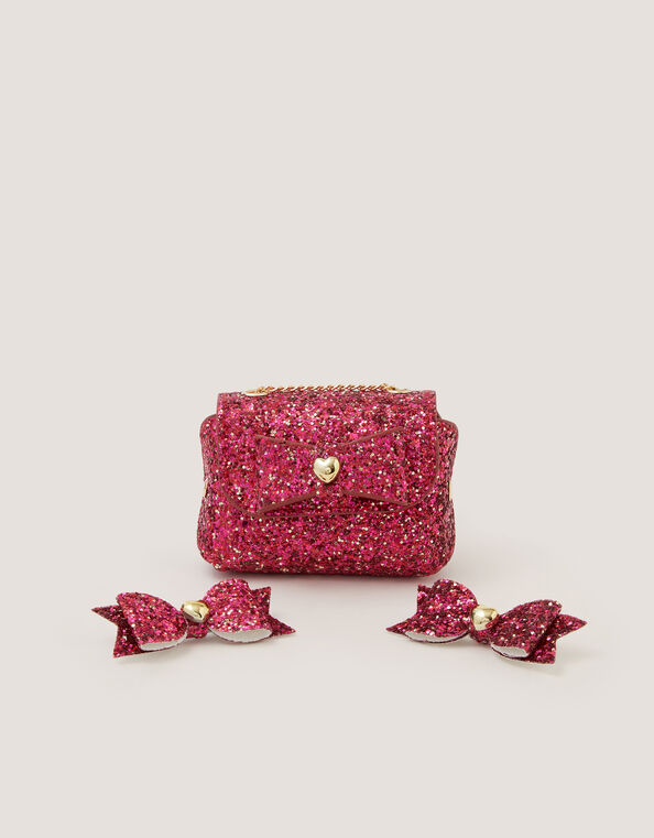 Glitter Bow Bag & Hair Clips Set, Red (CHERRY), large