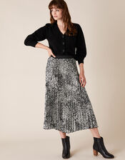 Animal Print Pleated Midi Skirt, Black (BLACK), large