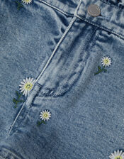 Daisy Embroidered Denim Shorts, Blue (BLUE), large