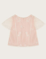Harlyn Short Sleeve Embroidered Tulle Top, Pink (PINK), large