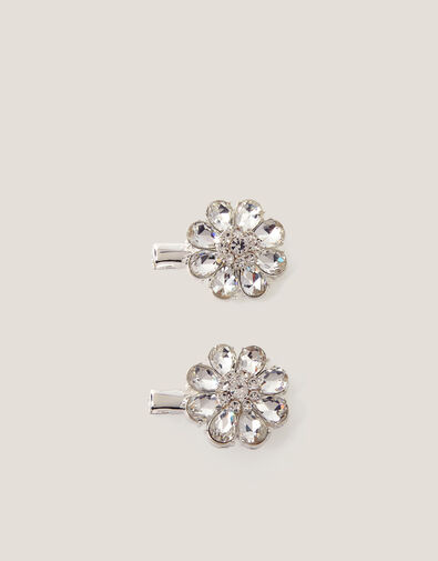 2-Pack Gem Flower Hair Clips, Silver (SILVER), large