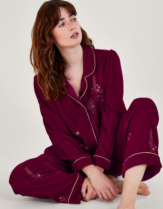 Val Velvet Embroidered Pyjamas, Red (RED), large