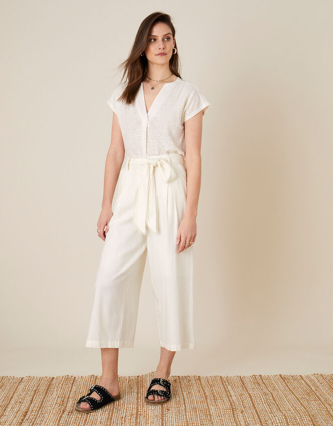 Scallop Crop Trousers in Linen Blend , White (WHITE), large