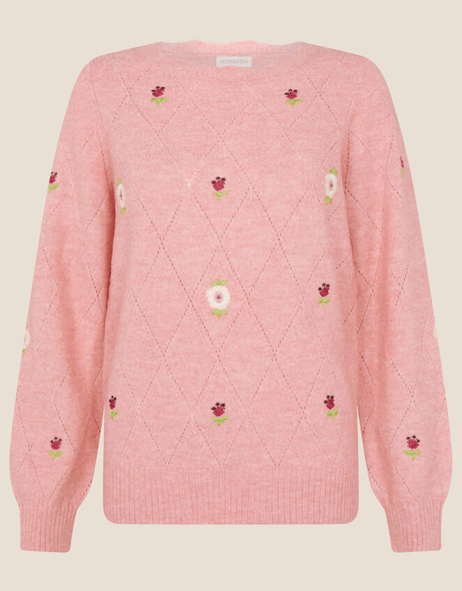 Floral Embroidered Crewneck Jumper, Pink (PINK), large