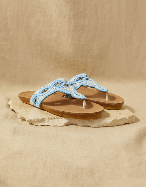 Embellished Leather Footbed Sandals , Blue (TURQUOISE), large