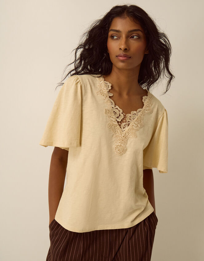 Layla V-Neck Lace Jersey Top, Yellow (BUTTER YELLOW), large
