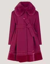Velvet Trim Faux Fur Dress Coat, Red (BURGUNDY), large