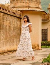India & Mills Pandora Floral Tiered Maxi Dress, White (WHITE), large