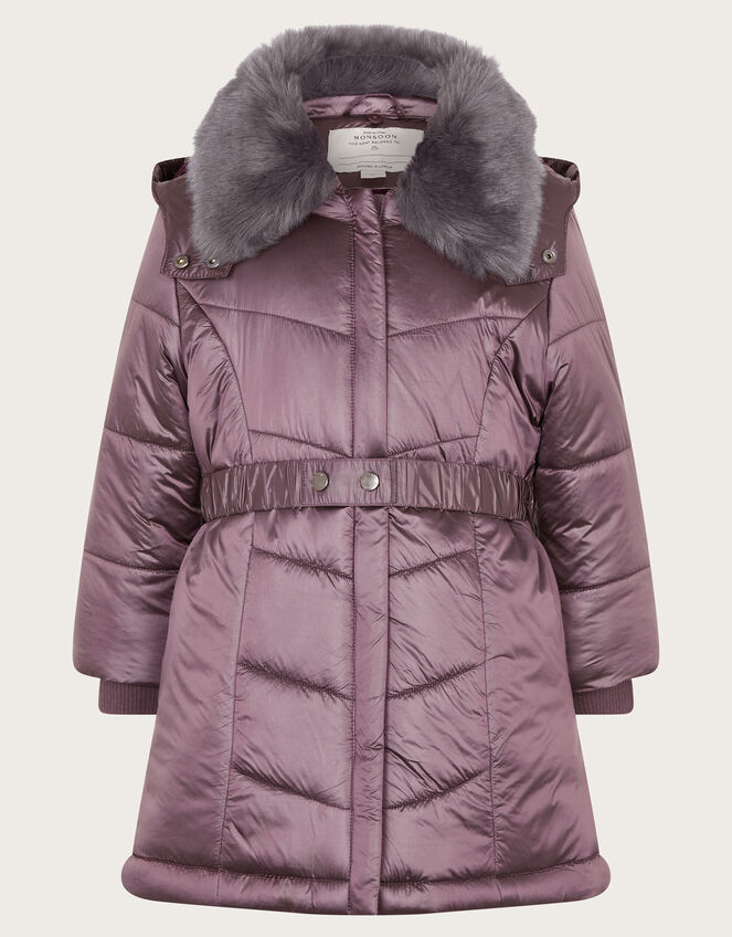 Metallic Chevron Faux Fur Collar Coat, Purple (PURPLE), large