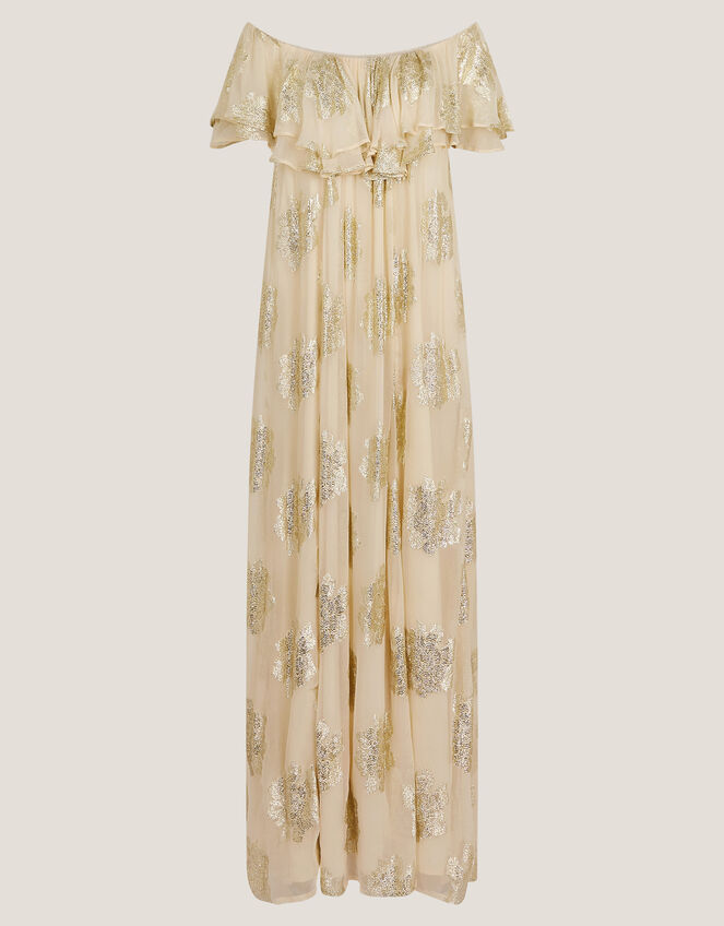 Lyra Metallic Ruffle Maxi Dress , Ivory (IVORY), large