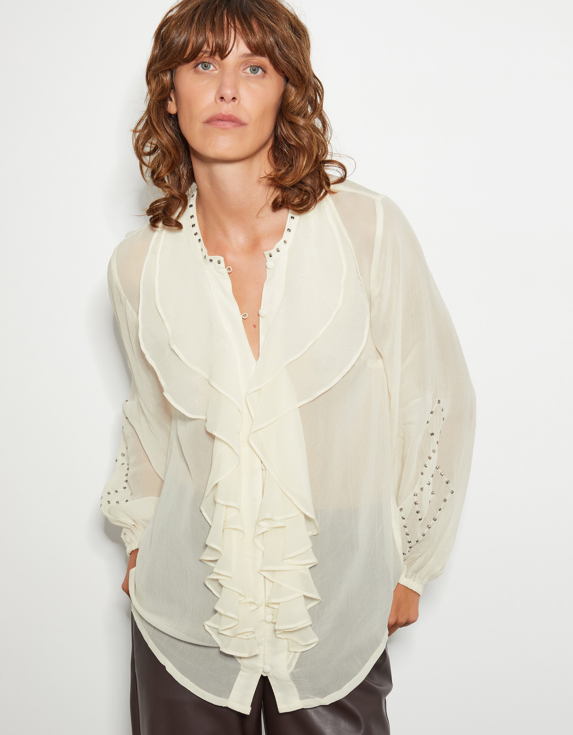Saskia Stud Ruffle Blouse Ivory Tops T shirts Monsoon UK
