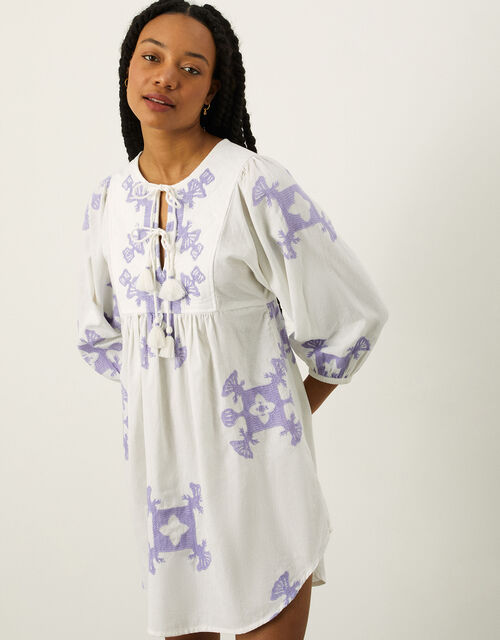 Premium Embroidered Smock Dress with Sustainable Cotton, White (WHITE), large