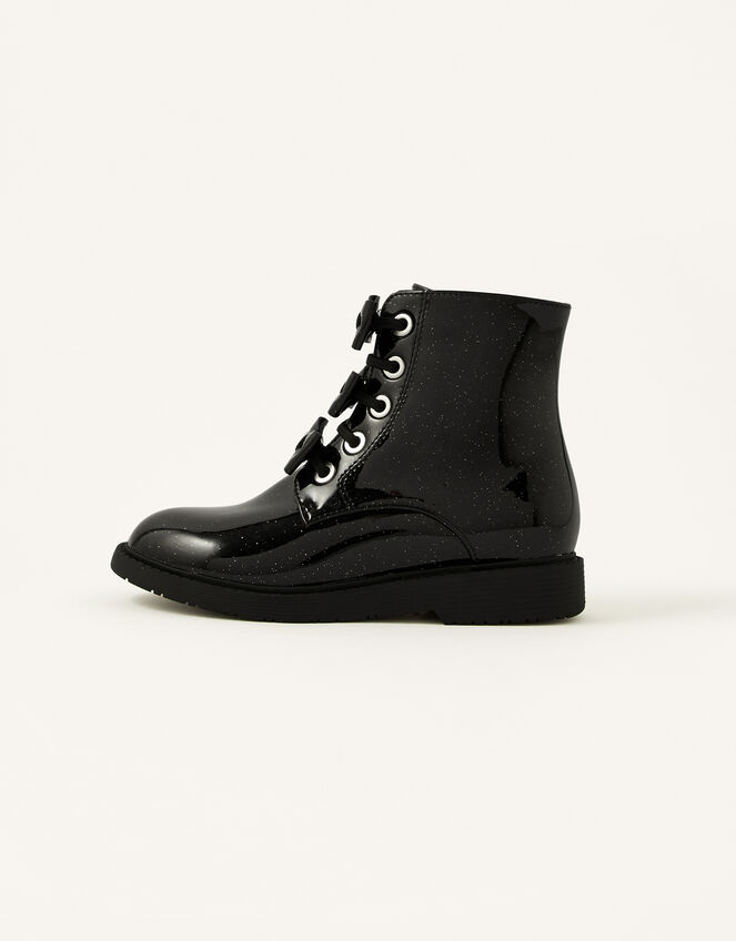 Glittery Bow Lace-Up Boots, Black (BLACK), large