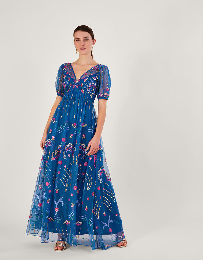 Tilly Embellished Maxi Dress in Recycled Polyester, Blue (COBALT), large