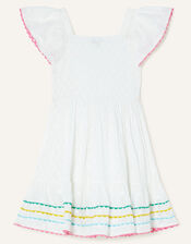 Shirred Ricrac Trim Dress in Sustainable Cotton, White (WHITE), large